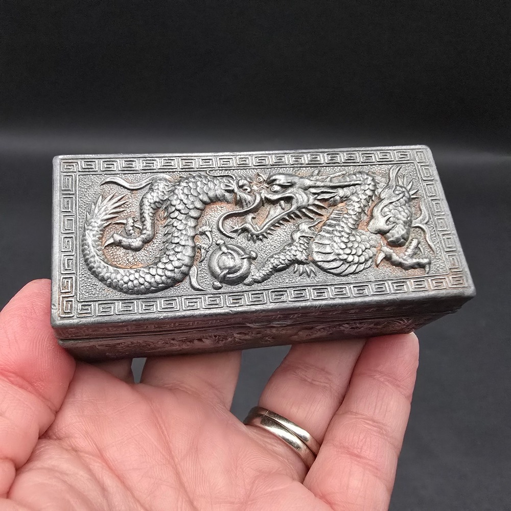 Vintage Japanese Dragon Metal Trinket Box Hinged Divided Stamp Case Japan
